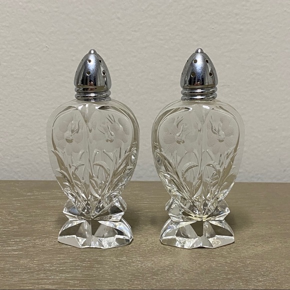 Vintage Irving W. Rice Floral Glass Salt + Pepper